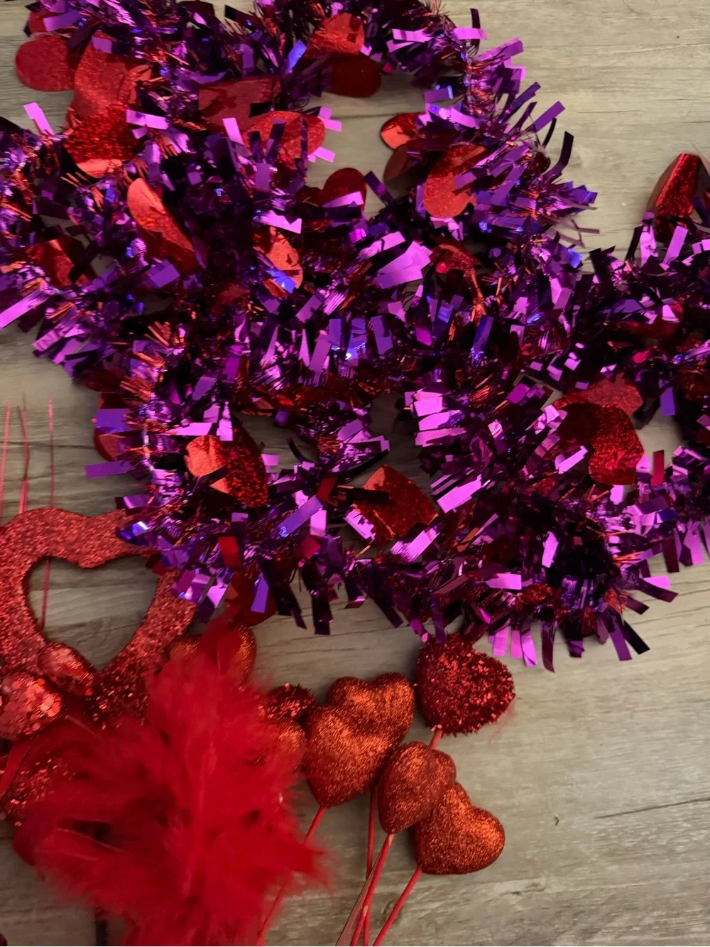 Valentine Red & Purple Heart Tinsel Garland and Picks decorations